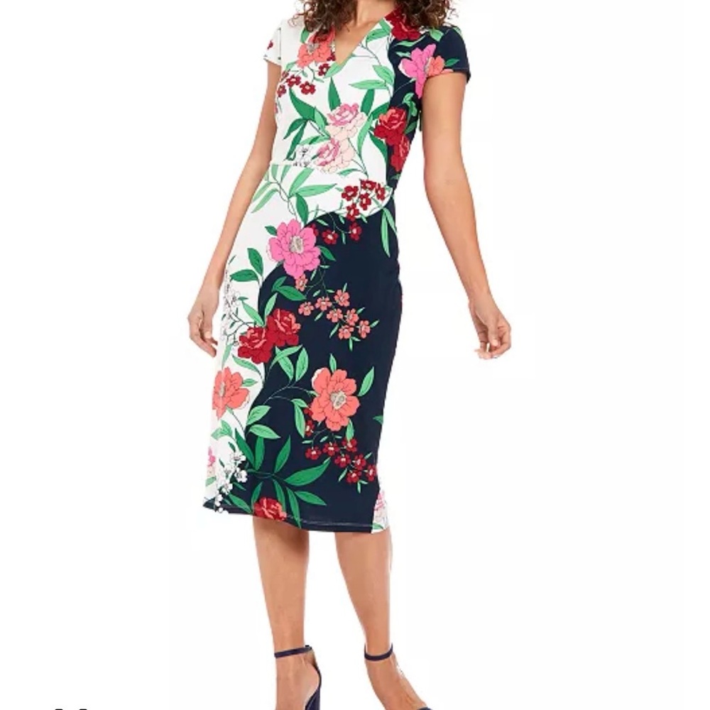 NWT London Times Women's Floral V-Neck Cap-Sleeve Sheath Dress Size 22W - Picture 3 of 16